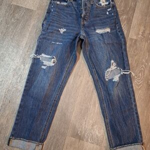 Old Navy Women's Sky Hi Straight Distressed Jeans - Dark Blue